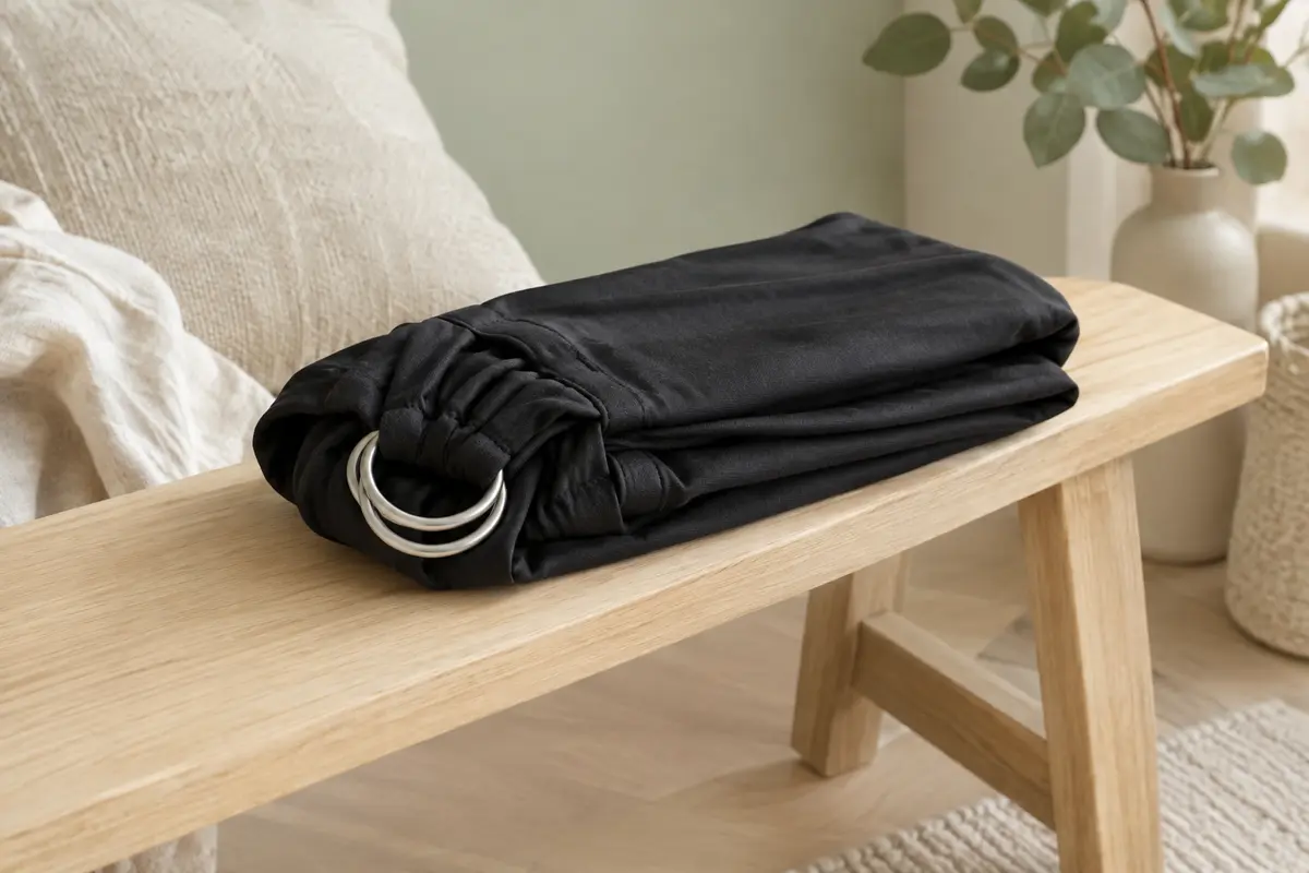 Écharpe de portage Momcozy noire avec anneaux, pliée sur un banc en bois clair