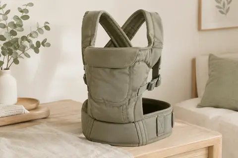 Porte-bébé en coton kaki avec bretelles rembourrées, ceinture ajustable et dos croisé en X