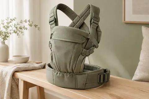 Porte-bébé Momcozy en coton kaki posé sur un banc en bois clair, avec bretelles croisées et ceinture matelassée