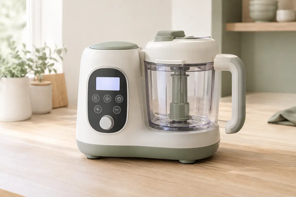 Robot cuiseur bébé Momcozy AutoMeal avec bol translucide et panneau tactile, posé sur un plan de travail clair.