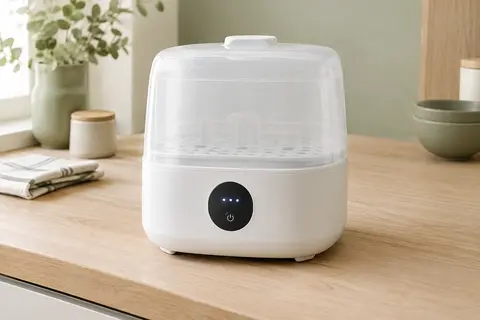 Stérilisateur-sécheur électrique blanc Momcozy posé sur un plan de cuisine en bois clair