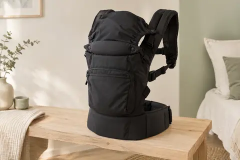 Porte-bébé Momi Flow noir posé seul sur un banc en bois clair, avec ses bretelles, sa poche et sa capuche.