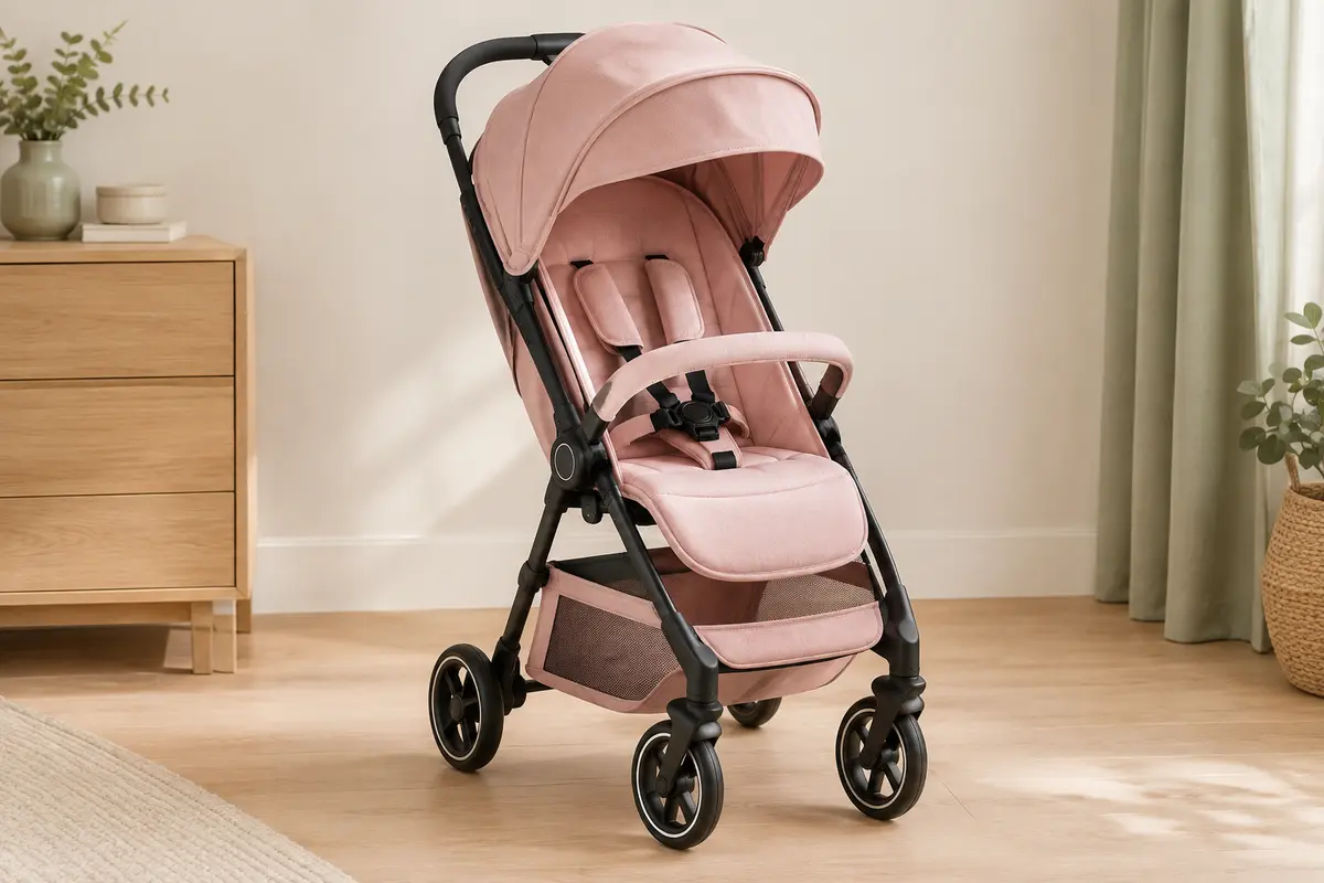 Poussette compacte rose Momi Estelle dépliée, avec capote, assise rembourrée, roues et panier inférieur visibles