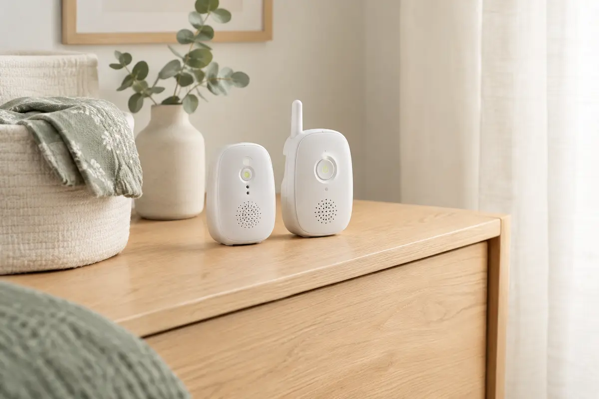 Babyphone audio Motorola Nursery AM21 blanc posé sur une commode en bois clair dans une chambre apaisée.