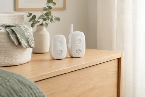 Babyphone audio Motorola Nursery AM21 blanc posé sur une commode en bois clair dans une chambre apaisée.
