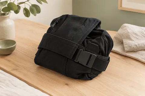 Écharpe de portage Mumgaroo en coton noir avec sangle réglable et boucle, posée sur du bois clair.