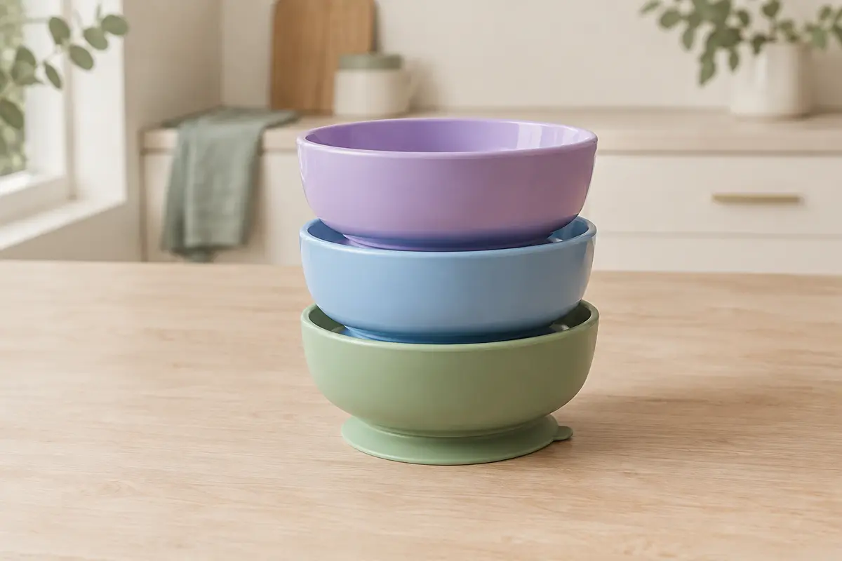 Trois bols bébé empilables à bords hauts et bases ventouses, dans des tons violet, bleu et vert.