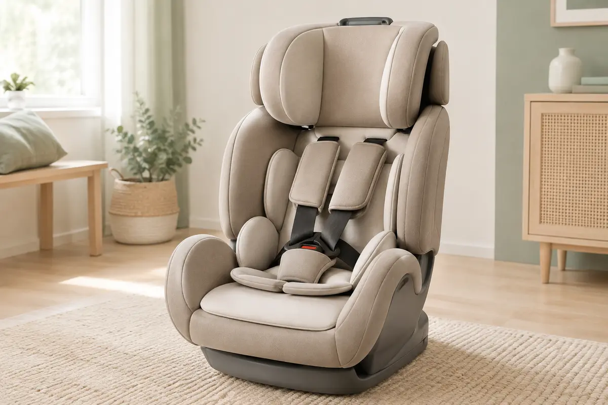 Siège auto convertible Nania Dune pivotant, présenté seul dans un intérieur lumineux aux tons naturels.