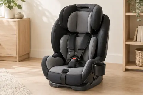 Siège auto évolutif noir et gris avec appui-tête réglable, harnais cinq points et porte-gobelet.