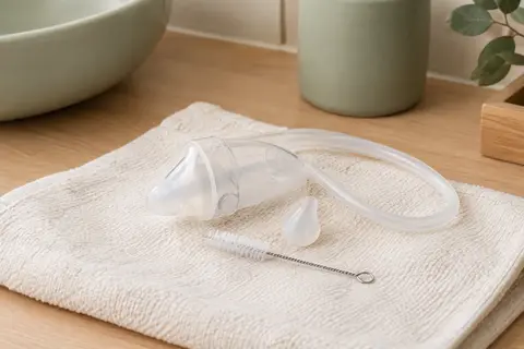 Mouche-bébé transparent Airmed’s Vac et ses embouts, posés sur un linge clair dans une salle de bain apaisée.