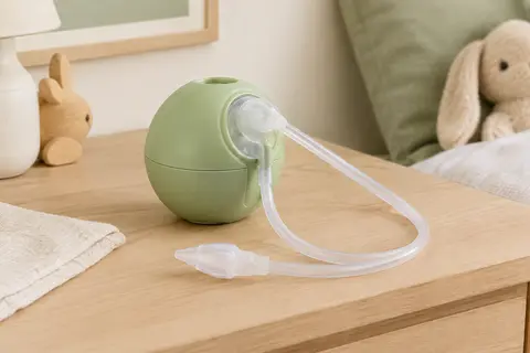 Mouche-bébé manuel vert Nosiboo Eco avec tête amovible et tube, posé sur du bois clair