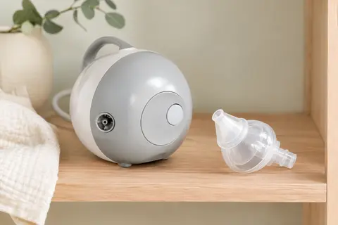 Mouche-bébé électrique gris Nosiboo Pro avec sa tête Colibri démontable posée à côté