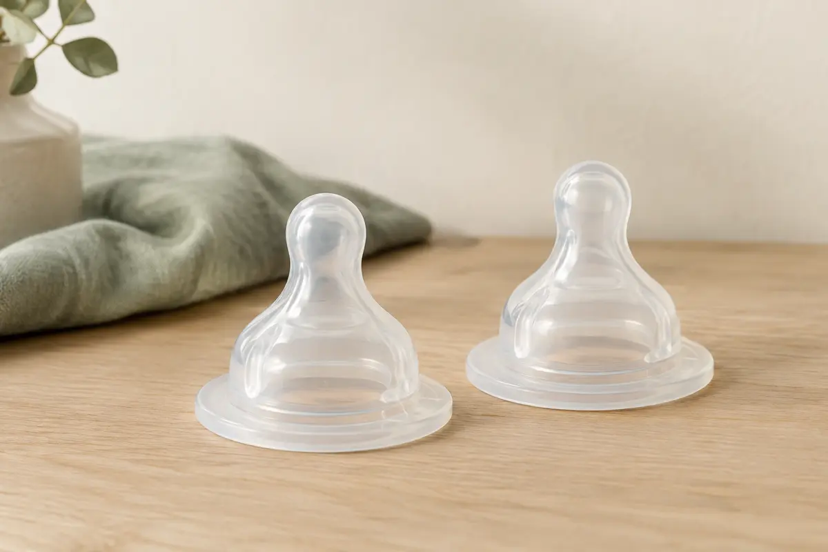 Deux tétines transparentes NUK First Choice+ Flow Control en silicone présentées sur une surface en bois clair.