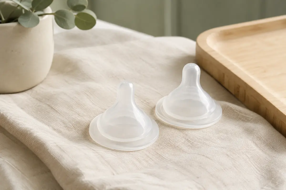 Deux tétines de biberon NUK Perfect Match en silicone souple posées sur un linge ivoire