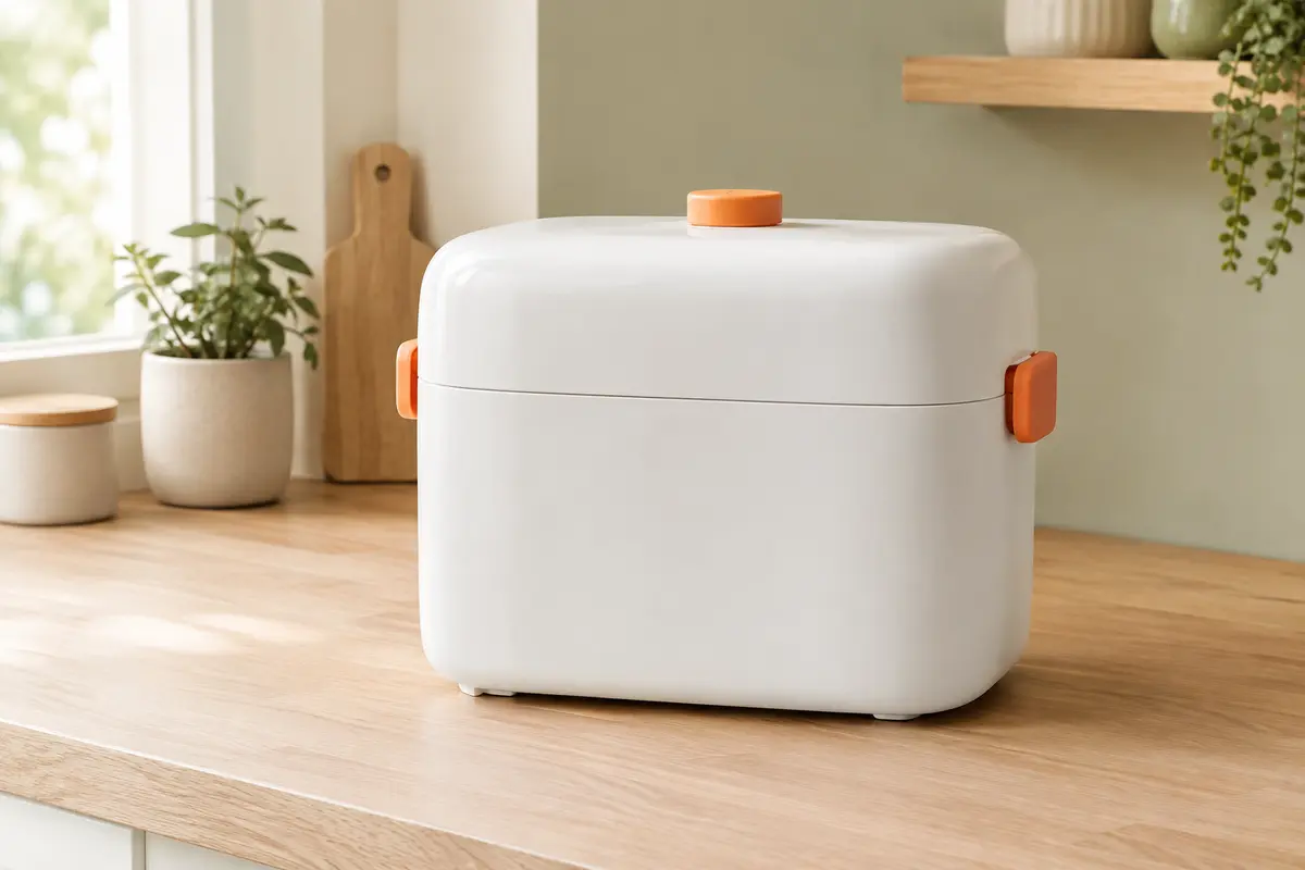 Stérilisateur compact blanc pour biberons, avec poignées latérales et capuchon orange