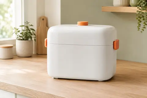 Stérilisateur compact blanc pour biberons, avec poignées latérales et capuchon orange
