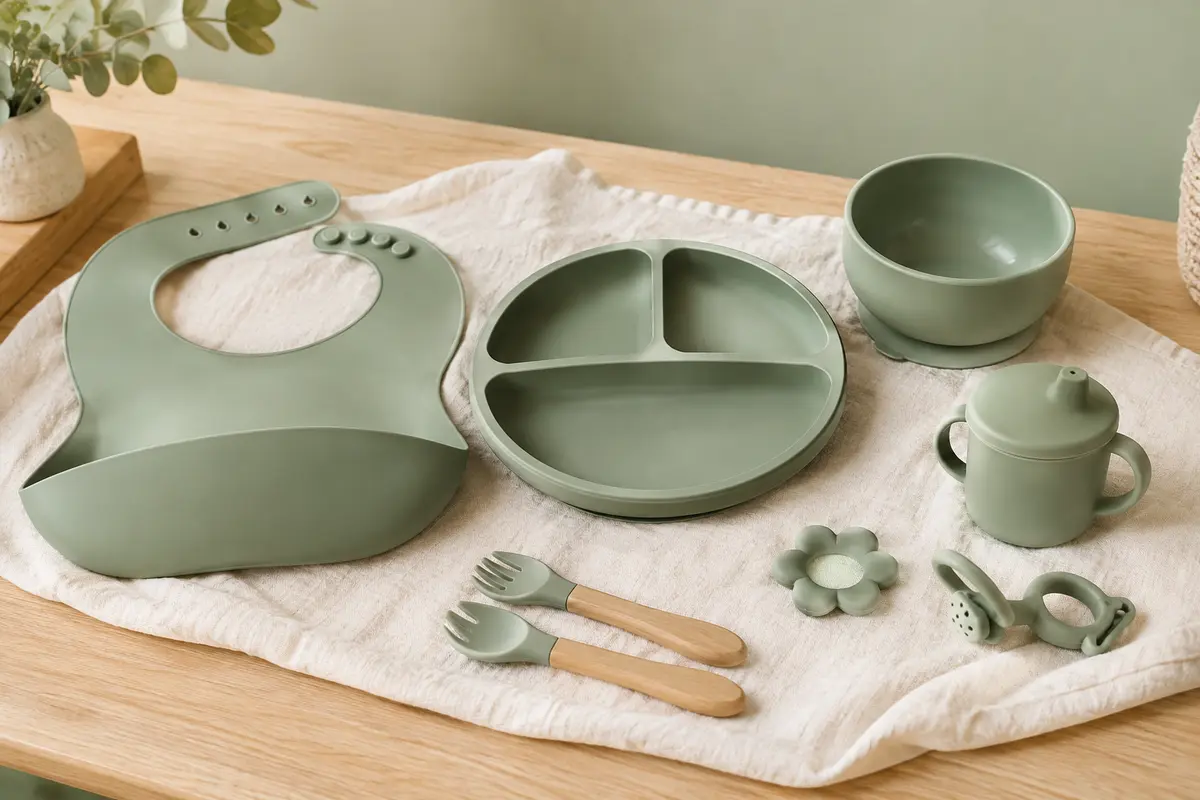 Coffret repas bébé vert en silicone avec assiette à ventouse, bol, bavoir et accessoires