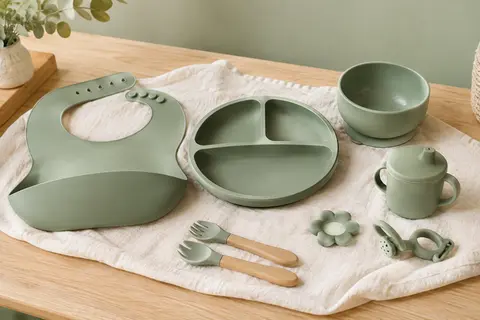 Coffret repas bébé vert en silicone avec assiette à ventouse, bol, bavoir et accessoires