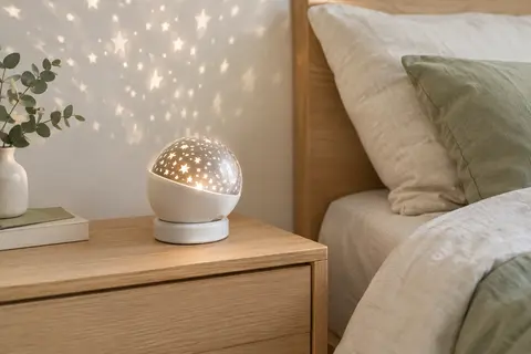 Veilleuse projecteur One Fire posée sur une table de chevet en bois clair dans une chambre apaisée.