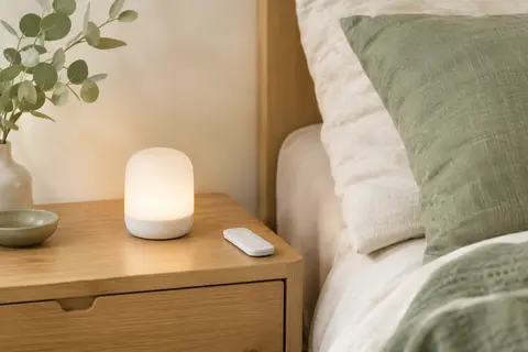 Veilleuse rechargeable blanche posée sur une table de chevet en bois clair, avec sa télécommande à proximité.