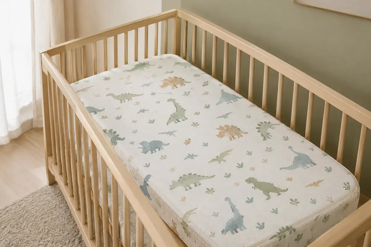 Matelas bébé de 120 × 60 cm à motifs de dinosaures, posé seul dans un lit en bois clair