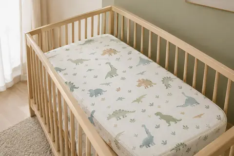 Matelas bébé de 120 × 60 cm à motifs de dinosaures, posé seul dans un lit en bois clair