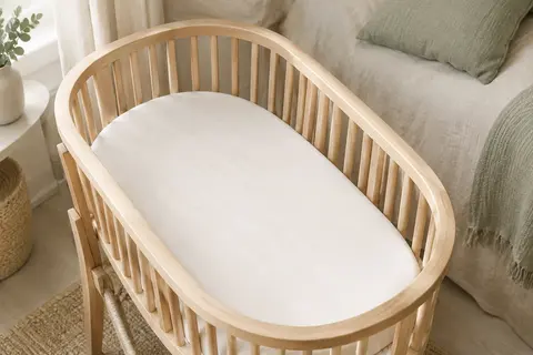 Matelas ovale blanc pour couffin, présenté seul dans un couffin en bois clair