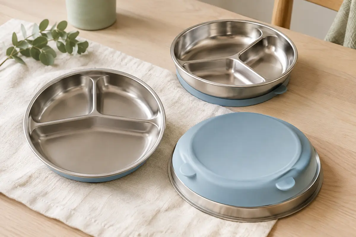 Trois assiettes bébé compartimentées en inox avec bases à ventouses en silicone bleu