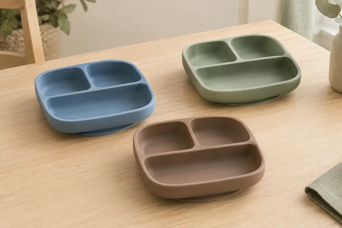 Trois assiettes bébé en silicone bleu, vert et marron avec trois compartiments et des ventouses