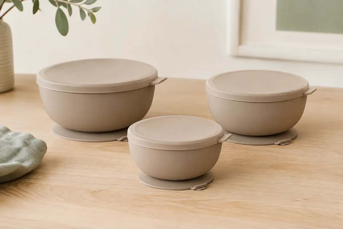Trois bols bébé en silicone brun clair avec couvercles et bases à ventouse, posés sur une table claire.