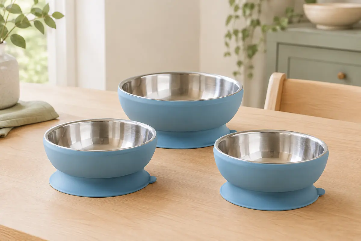 Trois bols pour bébé en acier inoxydable avec base à ventouse en silicone bleu, posés sur une table claire.