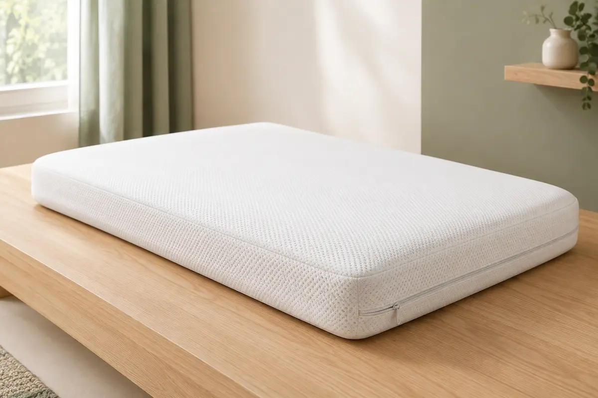 Matelas bébé blanc de 60 × 120 cm avec housse en tissu 3D, posé seul sur une surface en bois clair.
