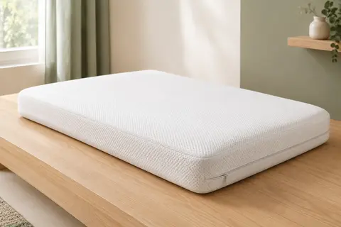 Matelas bébé blanc de 60 × 120 cm avec housse en tissu 3D, posé seul sur une surface en bois clair.