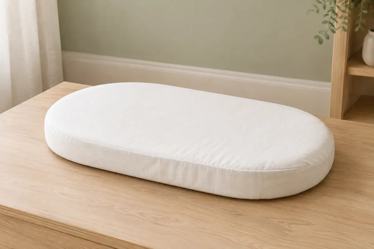 Matelas ovale blanc en coton pour couffin, posé seul sur du bois clair dans une chambre lumineuse.