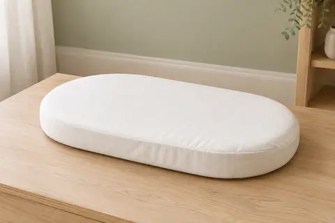 Matelas ovale blanc en coton pour couffin, posé seul sur du bois clair dans une chambre lumineuse.