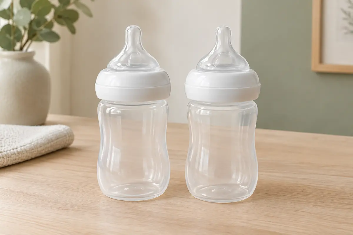 Deux biberons transparents de 125 ml avec tétines souples, posés sur une surface en bois clair.
