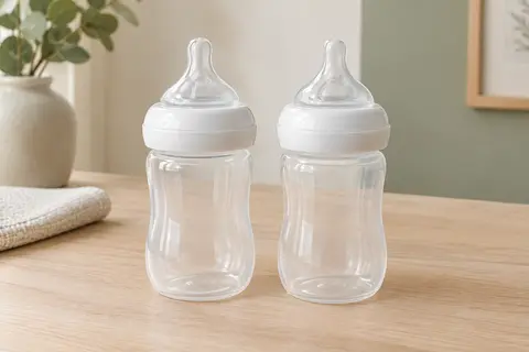 Deux biberons transparents de 125 ml avec tétines souples, posés sur une surface en bois clair.