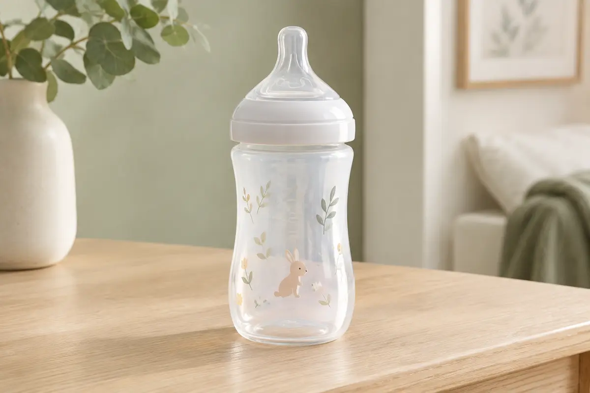 Biberon transparent Natural Response de 330 ml posé seul sur une surface en bois clair et un fond ivoire.