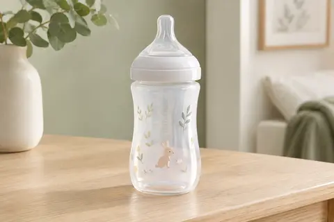 Biberon transparent Natural Response de 330 ml posé seul sur une surface en bois clair et un fond ivoire.