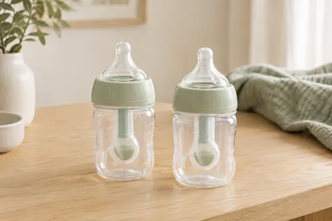 Deux biberons transparents de 125 ml avec tétines en silicone et valves AirFree sur une table en bois clair