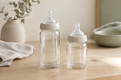 Deux biberons transparents en verre avec tétines en silicone, posés sur une surface en bois clair