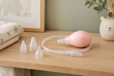 Mouche-bébé manuel rose avec son embout nasal souple et des embouts jetables sur une étagère claire.