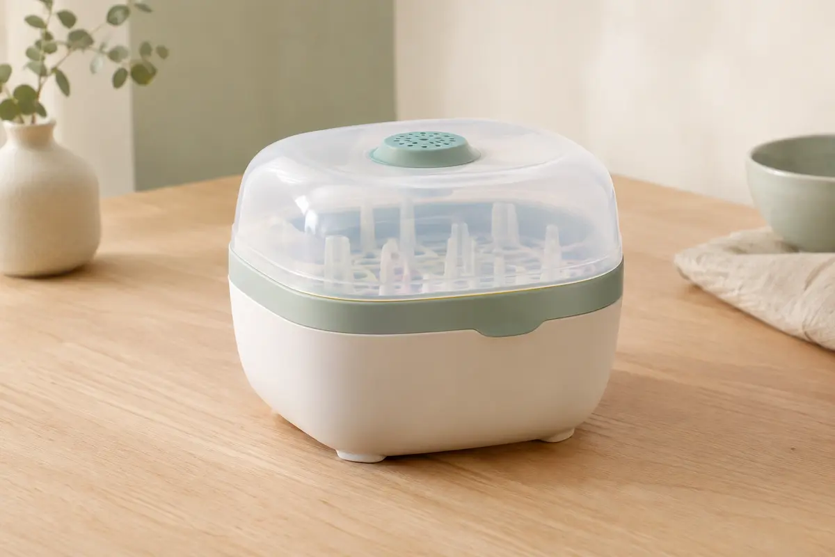 Stérilisateur Vapostar en silicone multicolore, au format carré, posé sur un plan de cuisine clair.