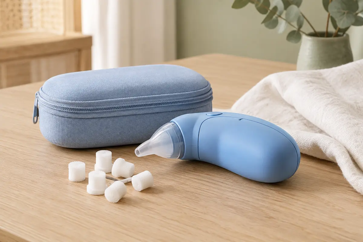 Mouche-bébé bleu à embout souple avec filtres protecteurs et mallette posé sur du bois clair