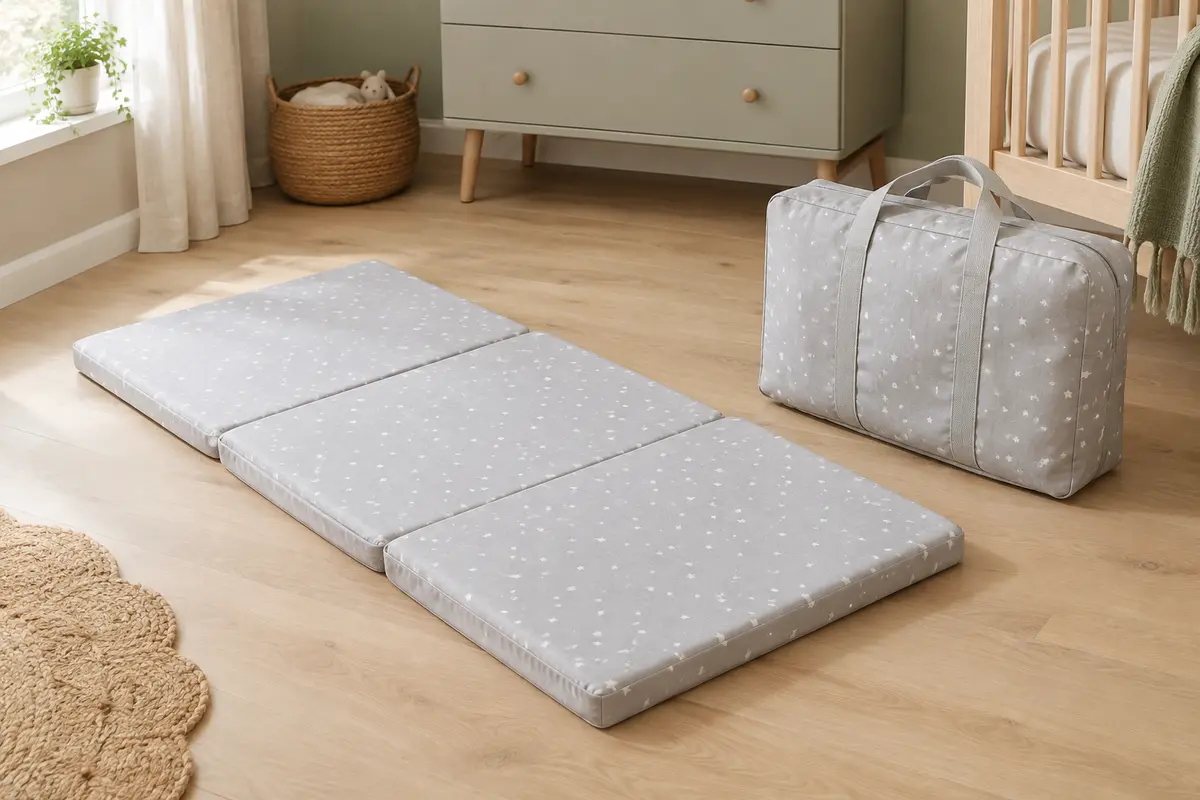 Matelas bébé pliant gris à étoiles blanches, déplié avec son sac de transport dans une chambre claire.