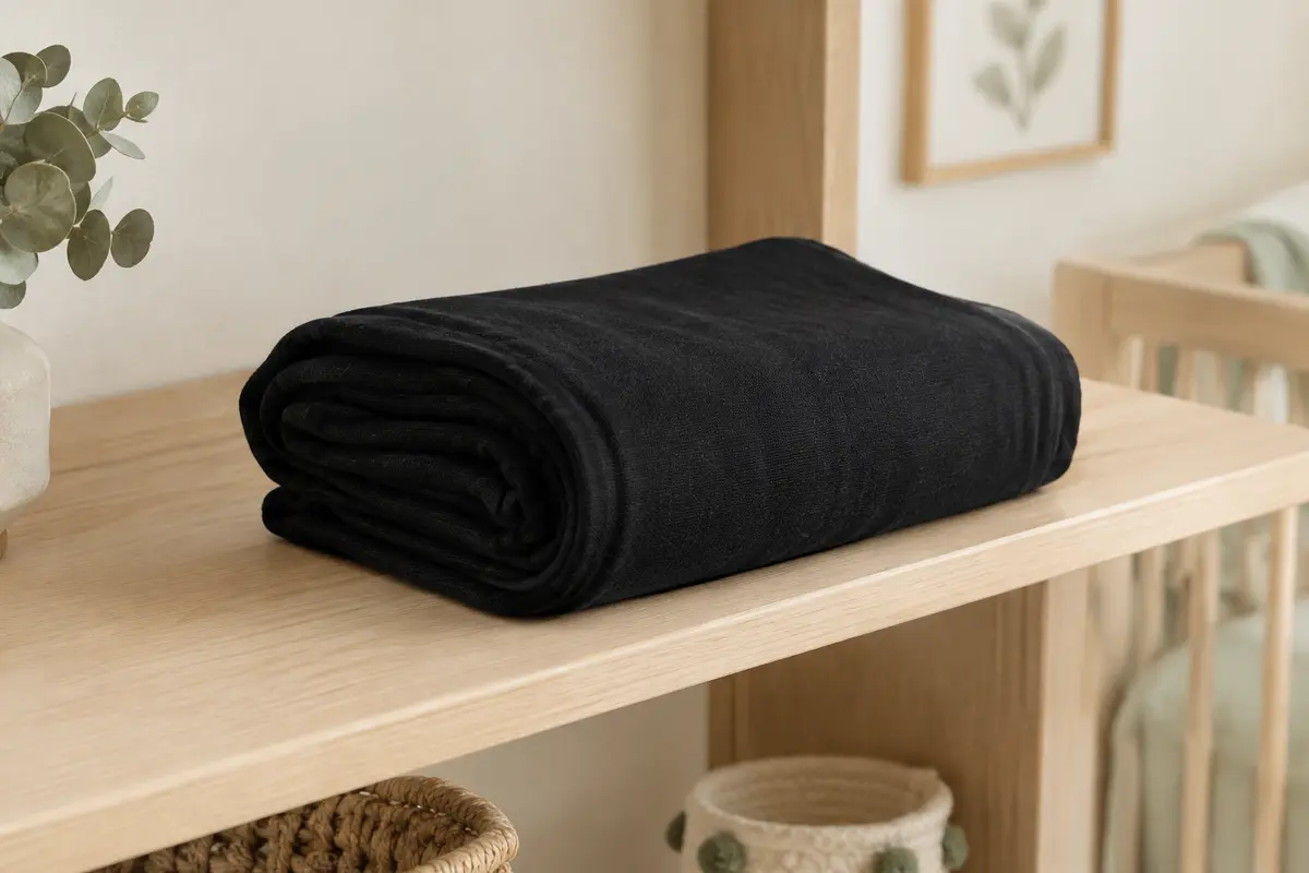 Écharpe de portage extensible noire pliée sur une étagère en bois clair dans une chambre lumineuse