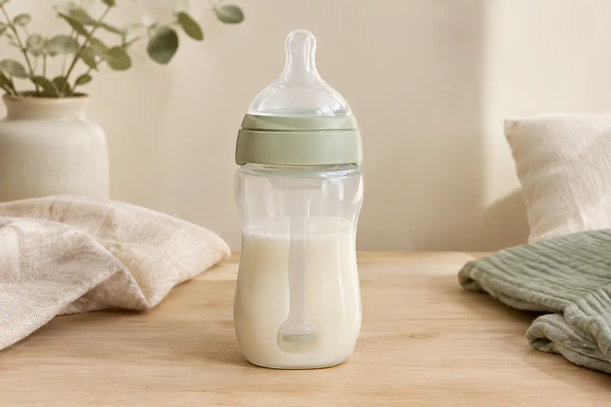 Biberon Suavinex Zero Zero de 180 ml avec tétine à débit lent, posé sur une surface en bois clair.