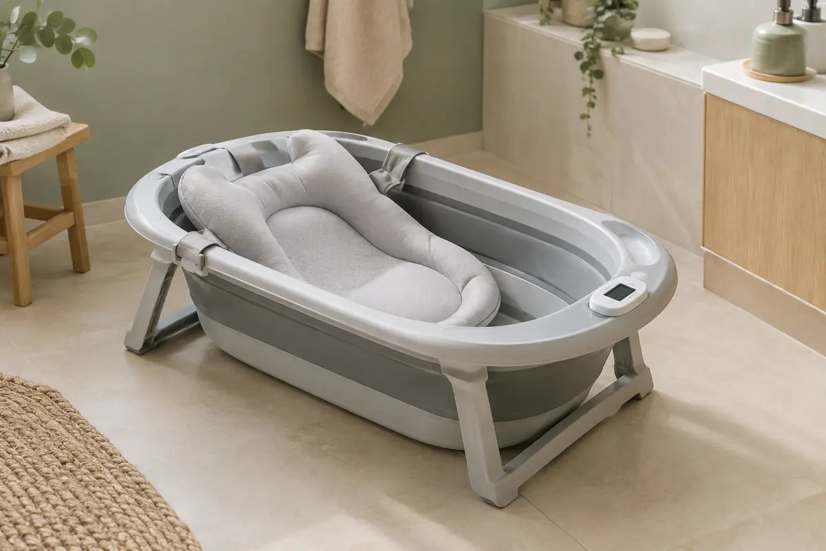 Baignoire bébé pliable grise avec coussin de bain et thermomètre digital intégré, dans une salle de bain lumineuse.