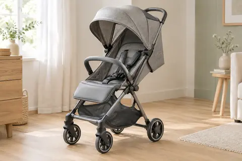 Poussette canne compacte grise TecTake Finn déployée, avec auvent, dossier inclinable et panier inférieur.