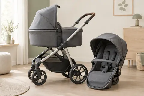 Poussette combinée TecTake gris anthracite avec nacelle amovible et siège sport dans un intérieur lumineux.